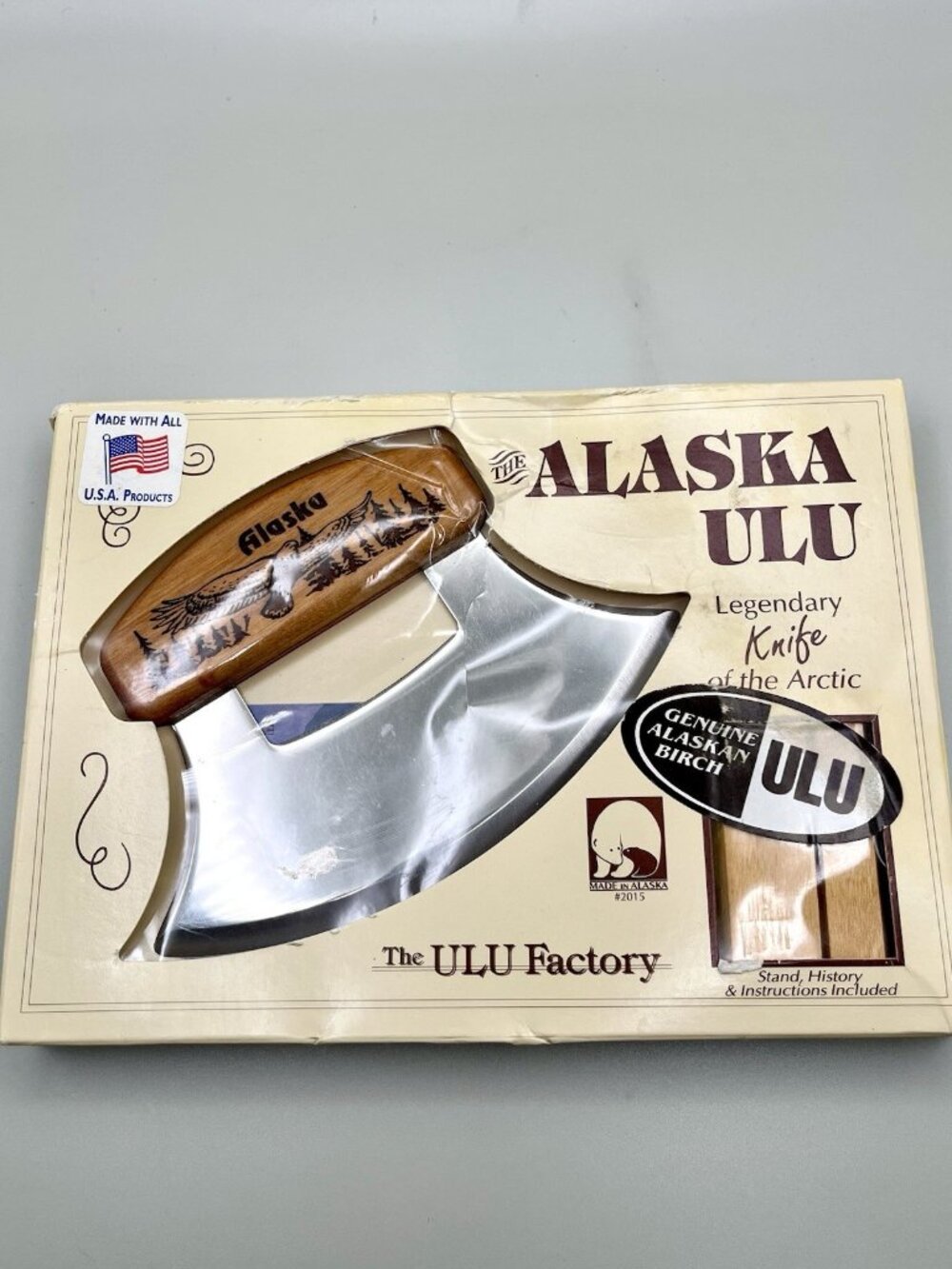 Vintage 1993 Alaska Ulu Knife Alaskan Birch Handle Original Box Cabin NEW Eagle